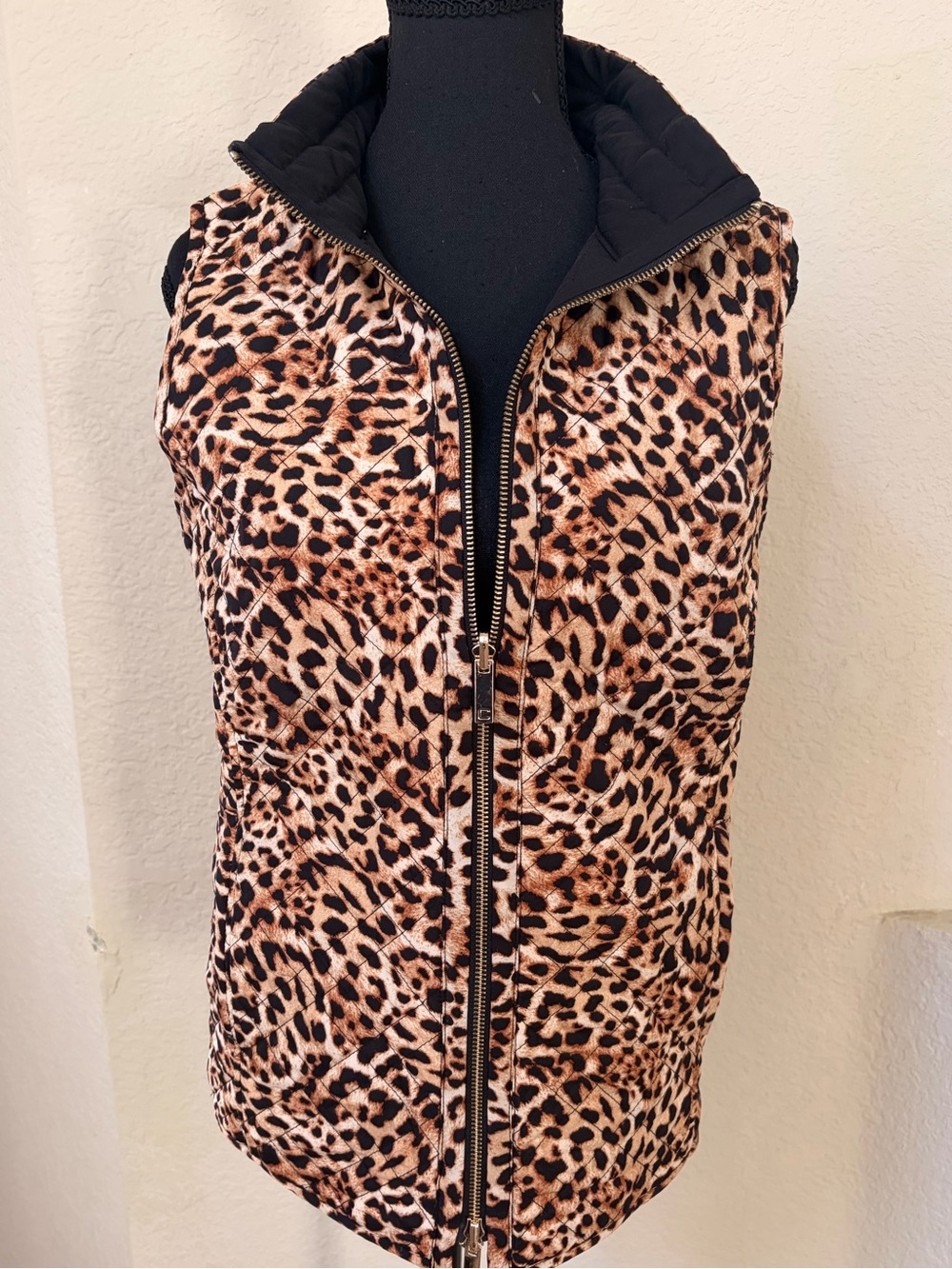 Chico's Leopard Print Quilted Vest with Black Trim